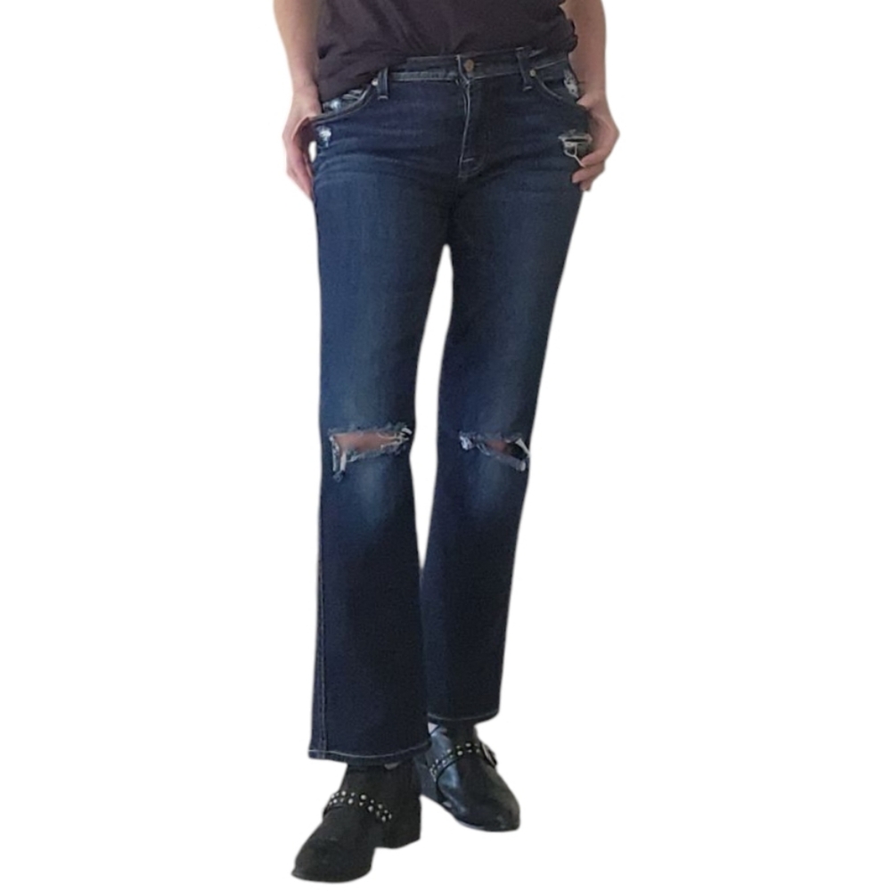 Seven for All Mankind Cropped Bootcut Distressed Jeans Dark Indigo W28